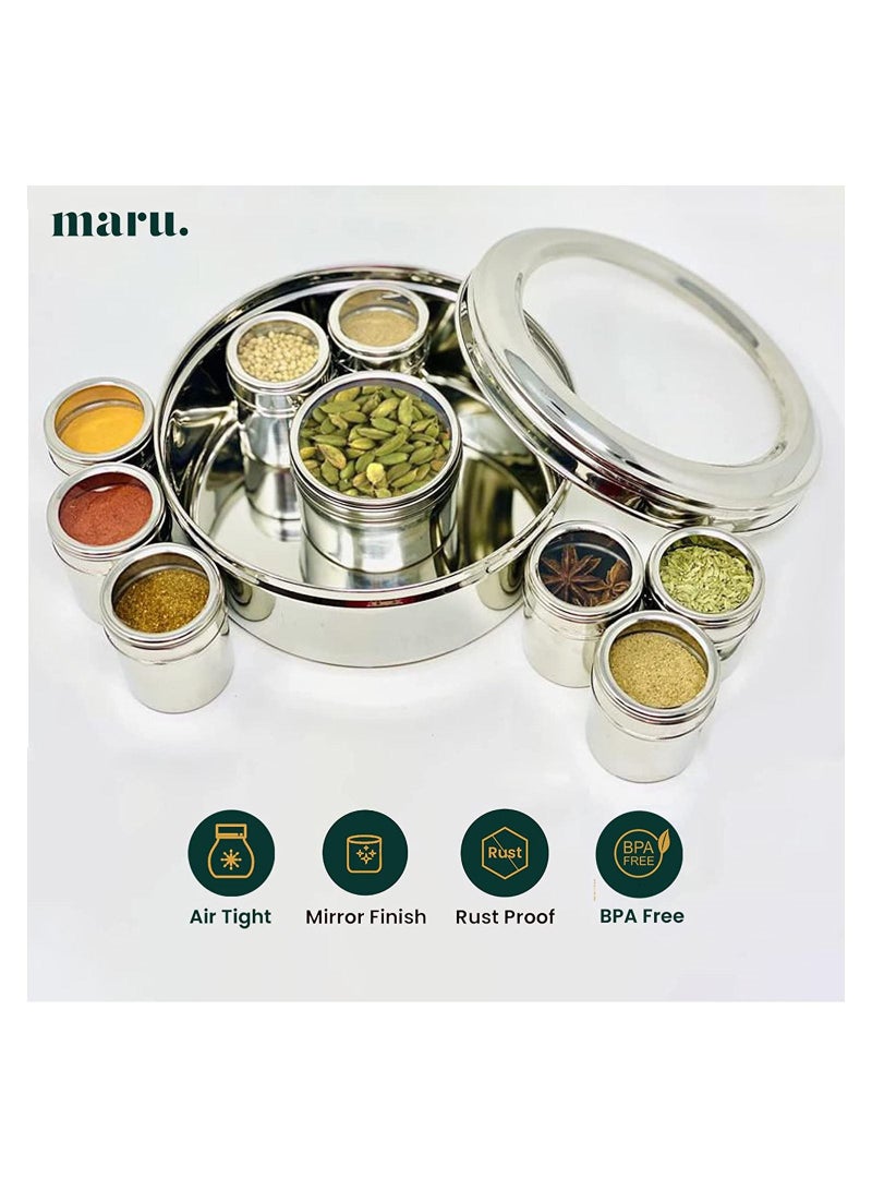 MARU 9 in 1 Spice Box Stainless Steel stylish Masala Box for Kitchen  9 containers 3 Spoons  Silver