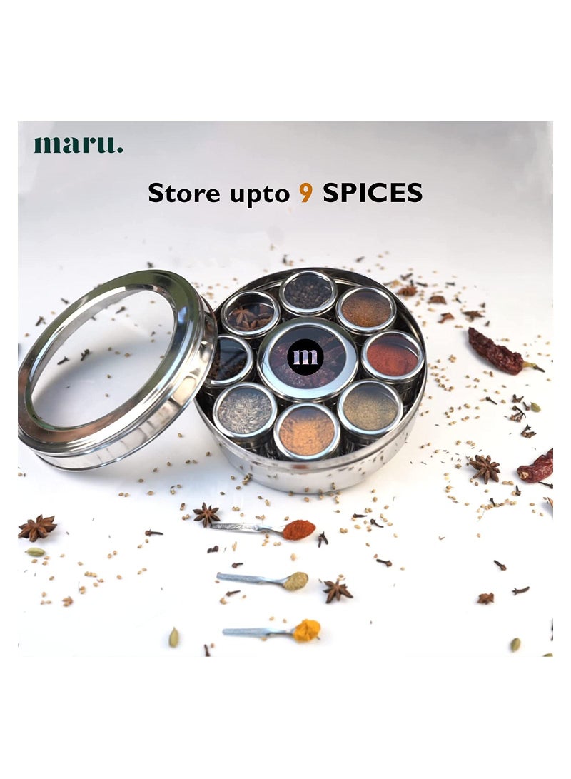 MARU 9 in 1 Spice Box Stainless Steel stylish Masala Box for Kitchen  9 containers 3 Spoons  Silver