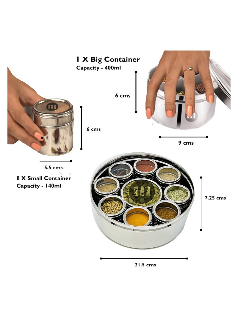 MARU 9 in 1 Spice Box Stainless Steel stylish Masala Box for Kitchen  9 containers 3 Spoons  Silver