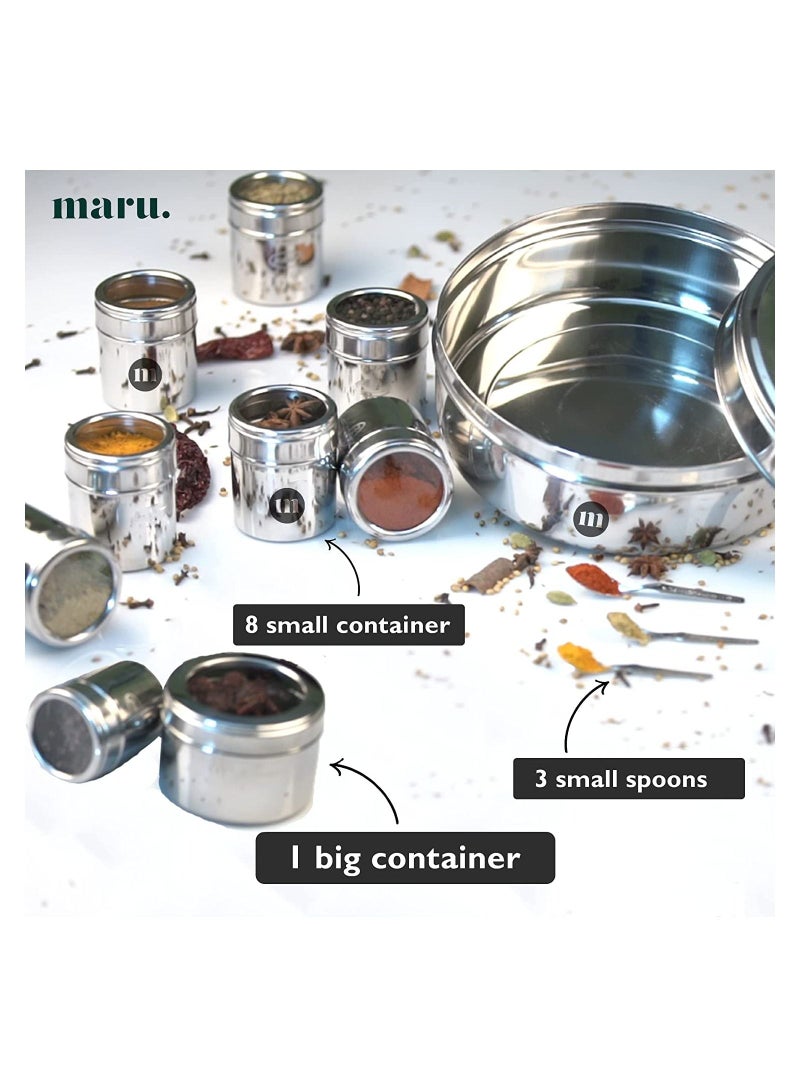 MARU 9 in 1 Spice Box Stainless Steel stylish Masala Box for Kitchen  9 containers 3 Spoons  Silver