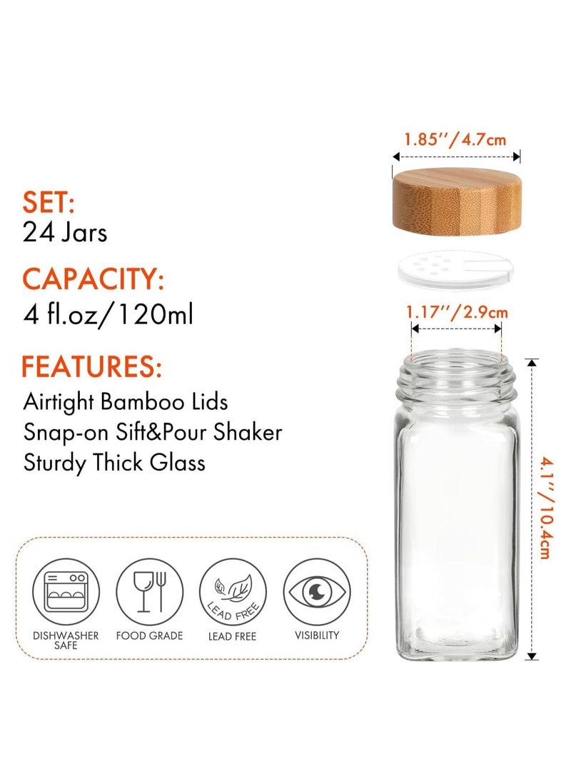 Tycom Spice Jars with Labels for Kitchen Organizing Drawers, 120 ml Glass Jars With Cleaning Brush and Collapsible Funnel,Food Storage jars,24 Pcs with Bamboo Lids.