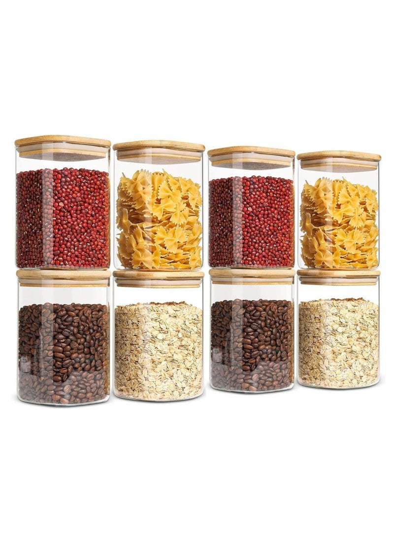 Tycom Glass Jars Set 500ML, Food Cereal Storage Spice Containers for Home Kitchen, Food Storage jars With Labels, Marker and spoons, Square 8 * 10cm 8 Pieces With Wood Lid.