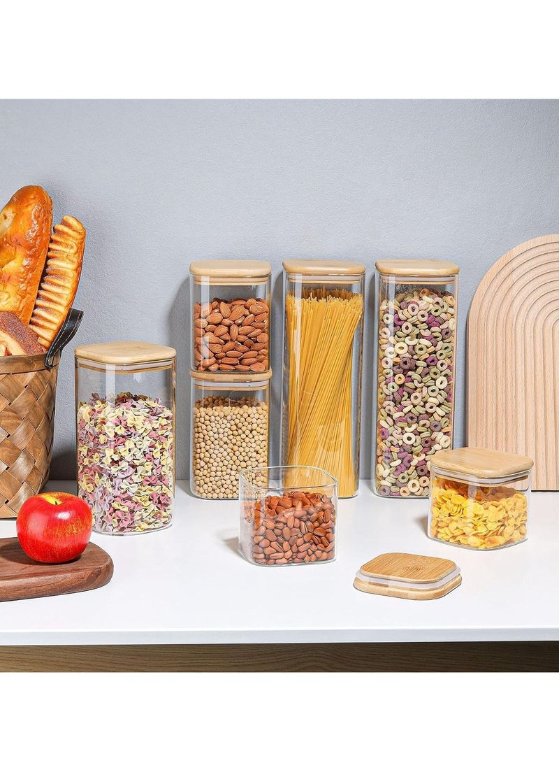 Tycom Glass Jars Set 750ML, 1150ML & 1500ML, Food Storage Containers for Kitchen, Spice jars With Labels, Marker and spoons, Square 10cm Mixed Size 6 Pieces With Wood Lid.