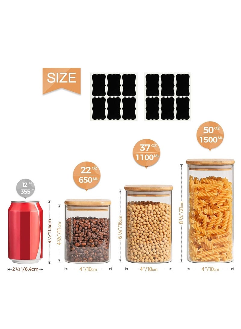 Tycom Glass Jars Set 750ML, 1150ML & 1500ML, Food Storage Containers for Kitchen, Spice jars With Labels, Marker and spoons, Square 10cm Mixed Size 6 Pieces With Wood Lid.