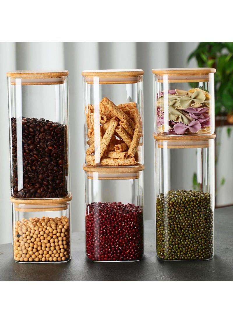 Tycom Glass Jars Set 750ML, 1150ML & 1500ML, Food Storage Containers for Kitchen, Spice jars With Labels, Marker and spoons, Square 10cm Mixed Size 6 Pieces With Wood Lid.