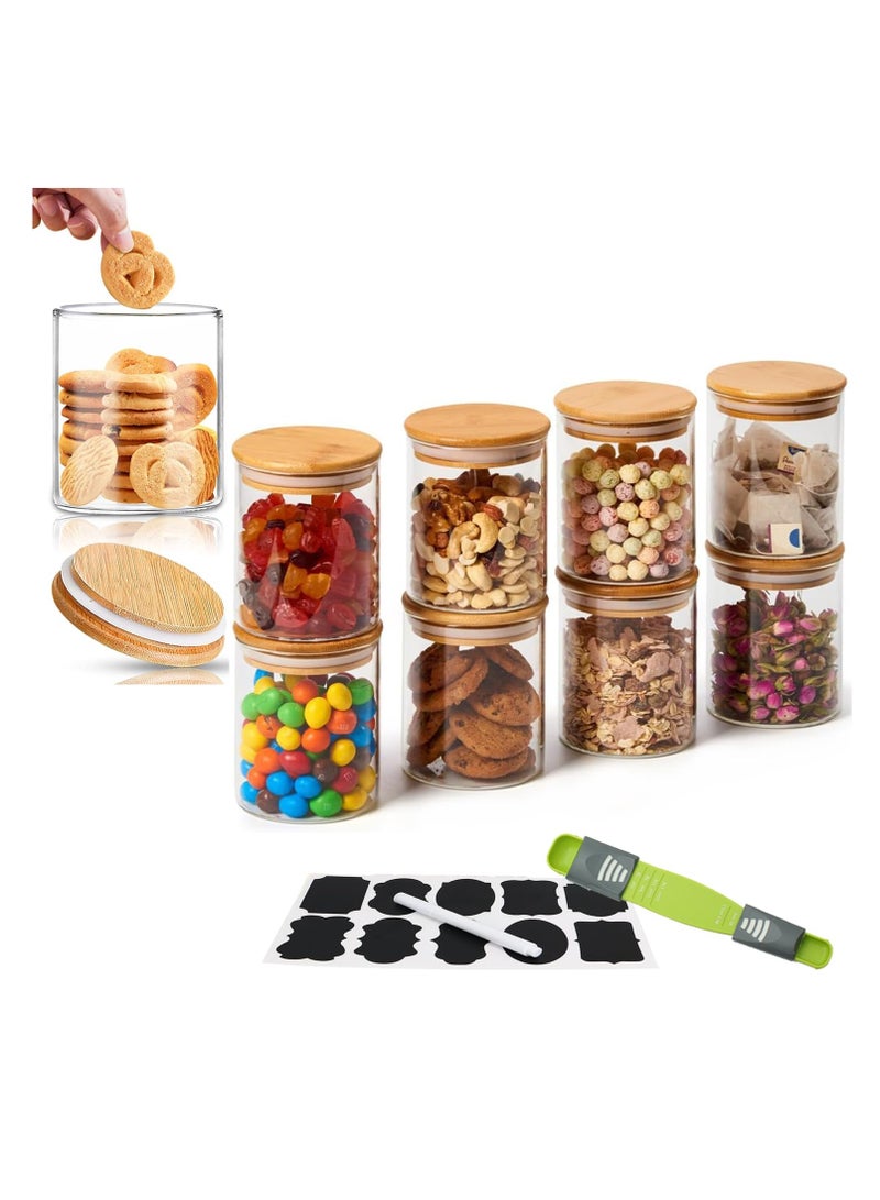 Tycom Glass Jars Set 8cm*10cm (8 Packs), Food Storage Containers for Kitchen, Spice jars With Labels, Marker and spoons, Wood Lid Round 8p.