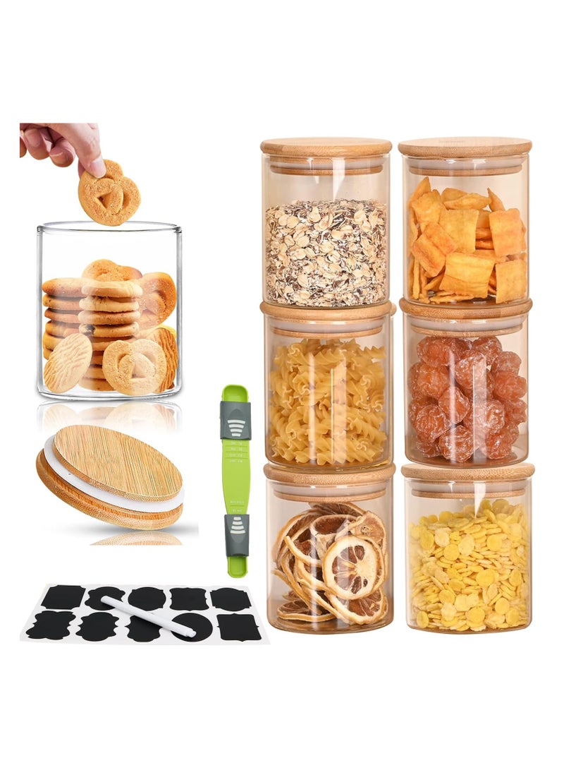 Tycom Glass Jars Set 8cm*10cm (6 Packs), Food Storage Containers for Kitchen, Spice jars With Labels, Marker and spoons, Wood Lid Round 6p.