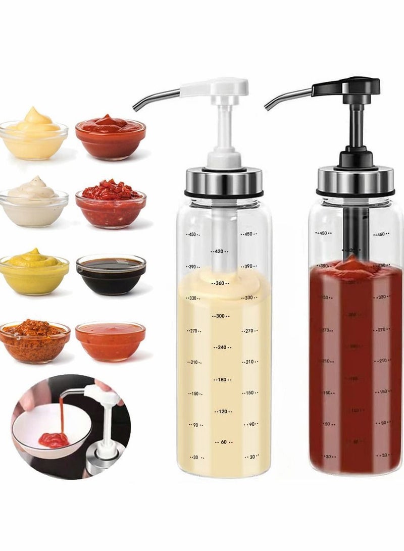 Sauce Squeeze Bottle 2 Pack No Drip Glass Condiment Ketchup Salad Dressing Honey Oil Presser 17 Ounce Big Olive Dispenser Set for Kitchen and BBQ