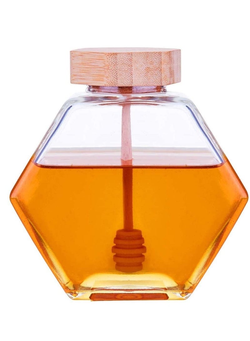 Honey Pot Glass Jar with Wooden Dipper and Cork Lid Cover for Home Kitchen, Clear 380ML Beehive Crystal Syrup Dispenser Commercial