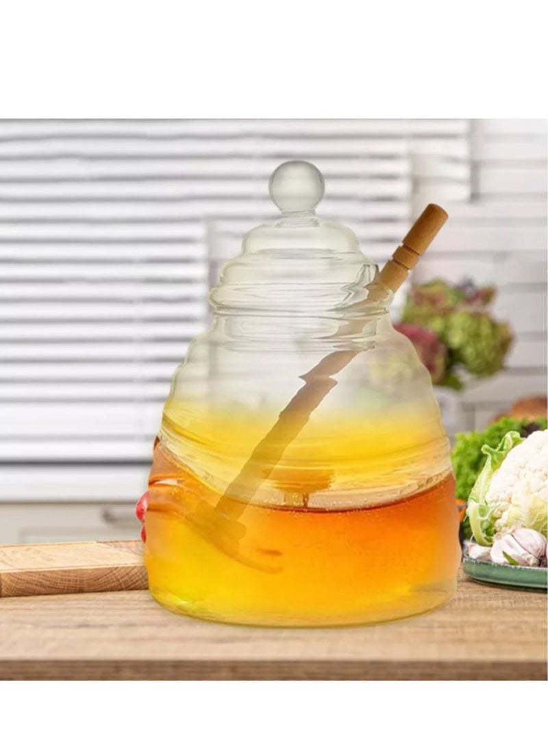 SYOSI Honey Pot with Dipper Extra Stick Glass Jar and Set Jars Containers Dispenser Holder for Home Kitchen 500ML