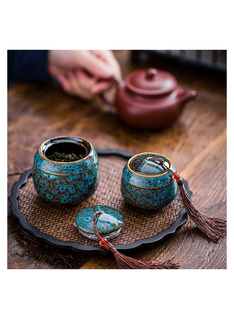 Ceramic Tea Jar Vintage Chinese Style Storage Jars, 2 Pieces Tea Leaves Sealing Can with Tassel, Traditional Tea Caddy for Kitchen Tea Coffee Spices Sugar Condiment, 70ML