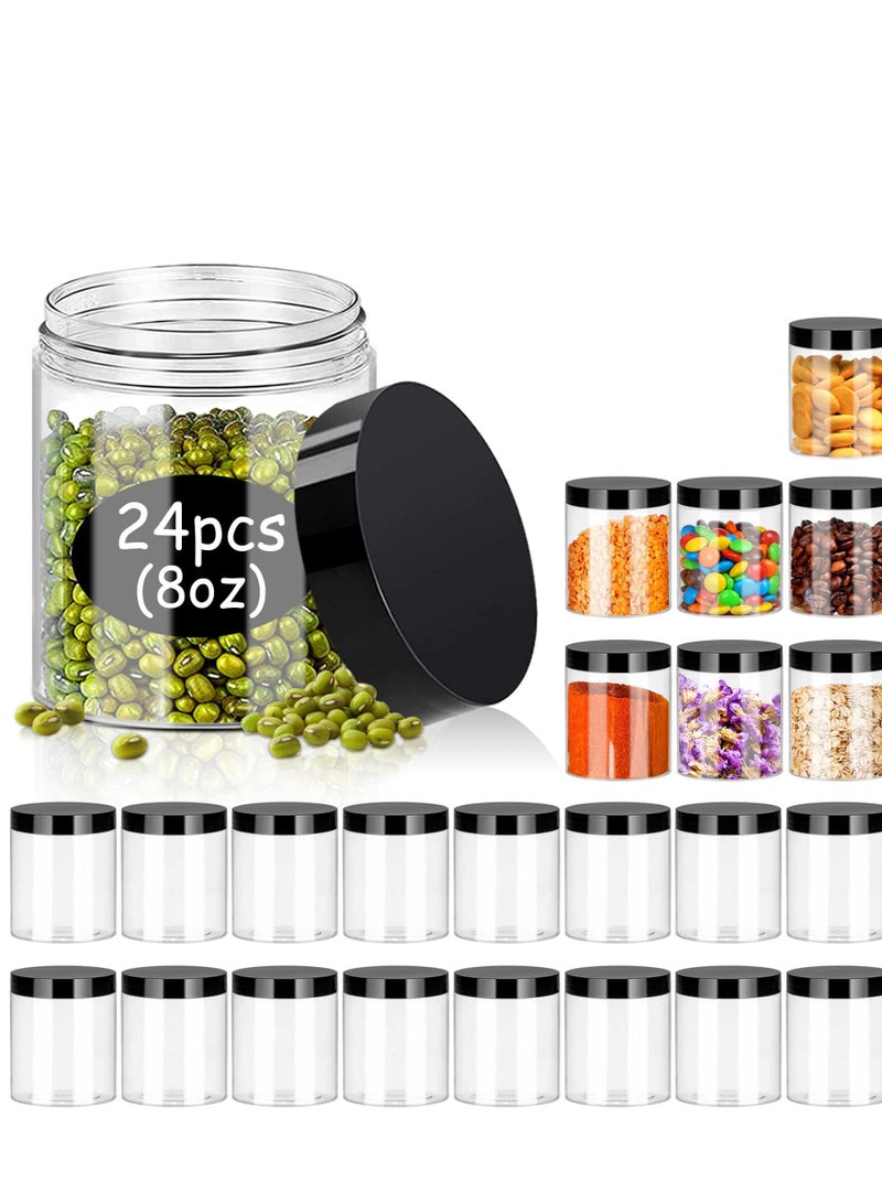 8oz Plastic Jars with Lids 24 Pack Clear Plastic Slime Containers Stackable Round Empty Clear Jars with Black Lids Pen Labels Refillable Slime Jars for Kitchen Storage Spices Dry Food Slime Making