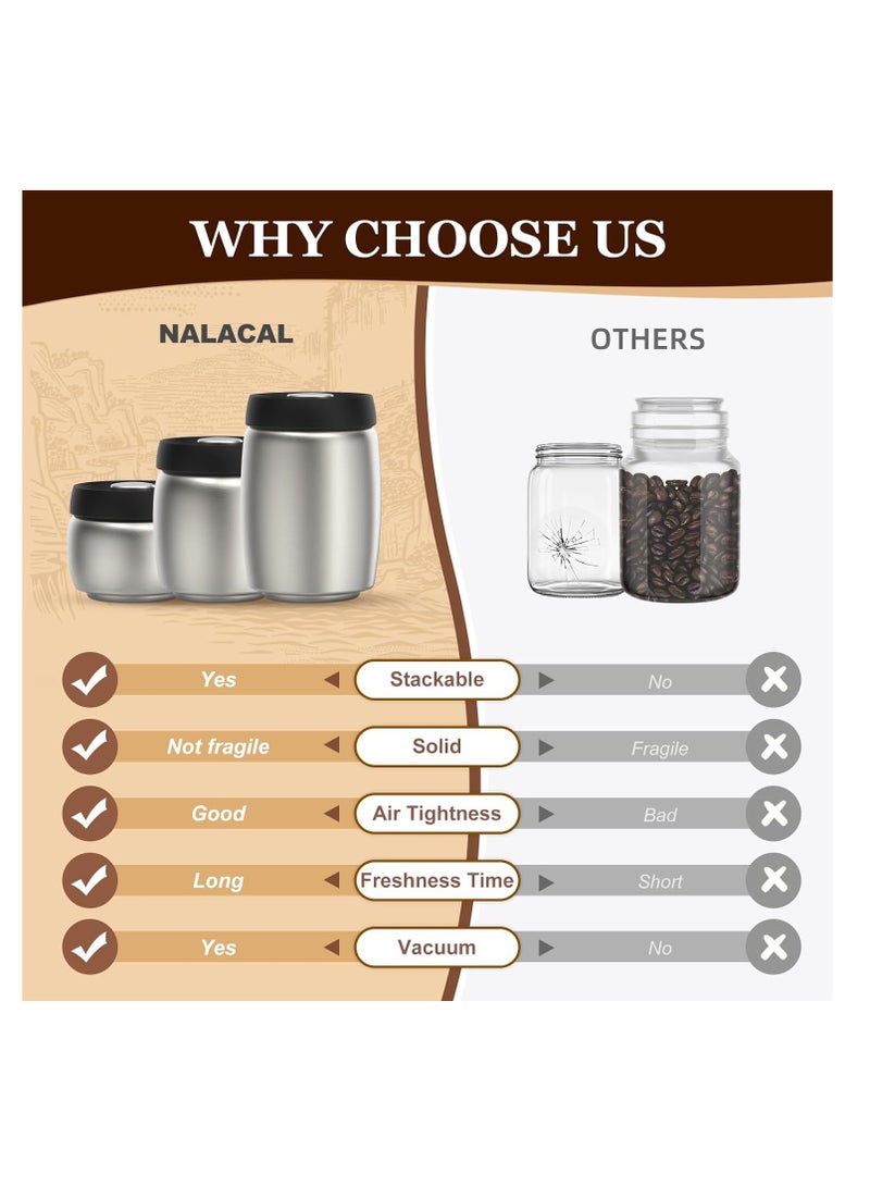 800ml Coffee Vacuum Canister, Food Storage Jars, 10.7ozStainless Steel Coffee bean Container, Food Storage Container with Airtight Lid, Push Out Excess Air Preserve Food Freshness