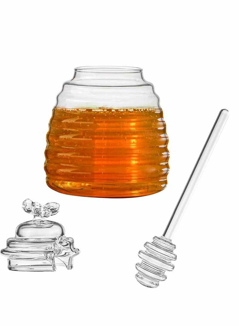 Honey Jar with Dipper and Lid, Honey Bee Pot and Lid for Storage by Paulsway, 17oz Glass Beehive Honey Pot, Honey Containers Holder for Home Kitchen, Clear