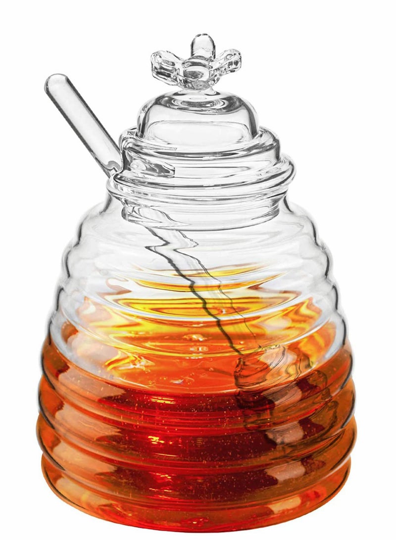 Honey Jar with Dipper and Lid, Honey Bee Pot and Lid for Storage by Paulsway, 17oz Glass Beehive Honey Pot, Honey Containers Holder for Home Kitchen, Clear