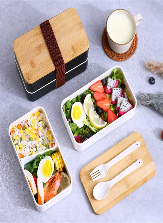 1200ML Plastic Double Decked Bamboo Wood Cover Lunch Box White