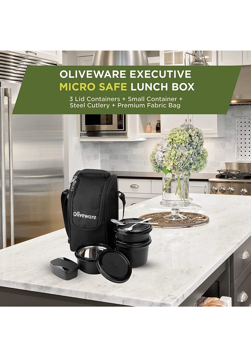 Executive Micro Safe Lunch Box | 3 Stainless Steel Containers | Microwave Safe | Insulated Fabric Bag | Leak Proof | Full Meal (Black)