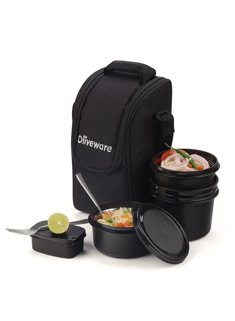 Executive Micro Safe Lunch Box | 3 Stainless Steel Containers | Microwave Safe | Insulated Fabric Bag | Leak Proof | Full Meal (Black)