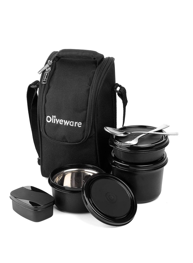 Executive Micro Safe Lunch Box | 3 Stainless Steel Containers | Microwave Safe | Insulated Fabric Bag | Leak Proof | Full Meal (Black)