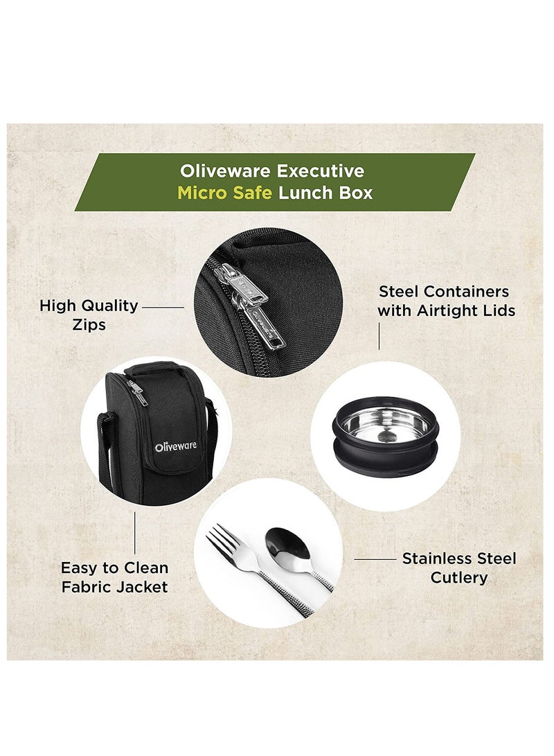 Executive Micro Safe Lunch Box | 3 Stainless Steel Containers | Microwave Safe | Insulated Fabric Bag | Leak Proof | Full Meal (Black)