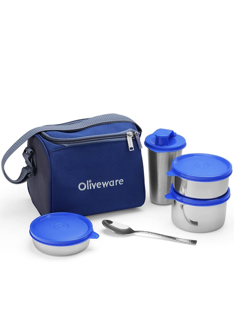 Milano Lunch Box | 3 Stainless Steel Containers and Sipper | with Steel Spoon | School, College & Office | Insulated Fabric Bag | Leak Proof | Full Meal & Easy to Carry (Blue)