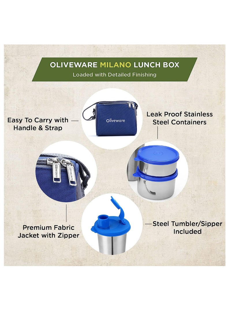 Milano Lunch Box | 3 Stainless Steel Containers and Sipper | with Steel Spoon | School, College & Office | Insulated Fabric Bag | Leak Proof | Full Meal & Easy to Carry (Blue)