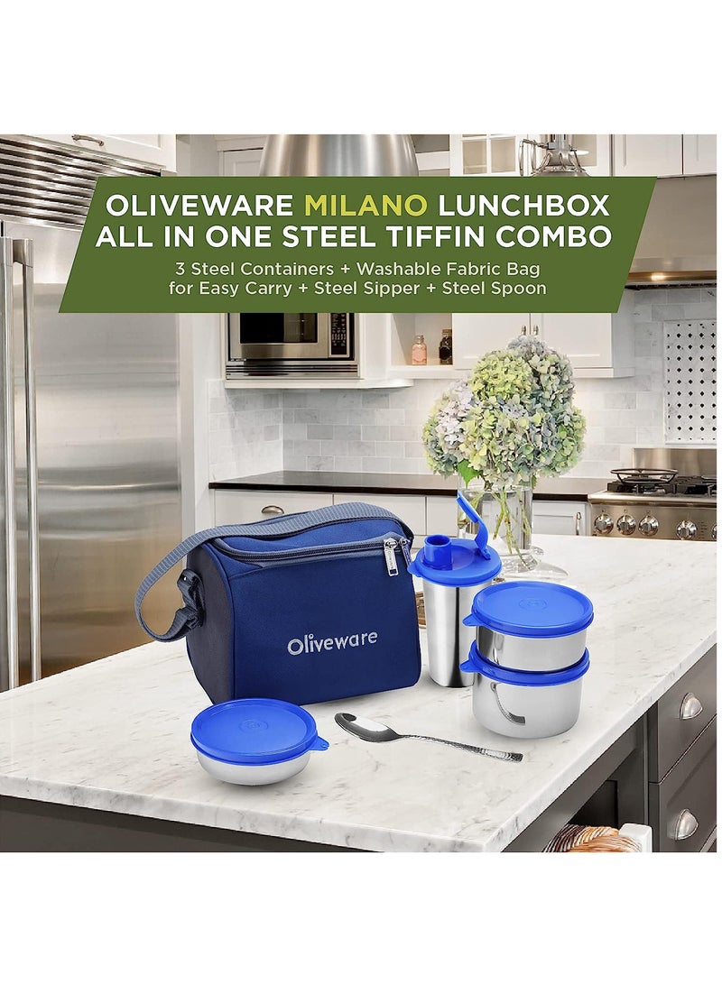 Milano Lunch Box | 3 Stainless Steel Containers and Sipper | with Steel Spoon | School, College & Office | Insulated Fabric Bag | Leak Proof | Full Meal & Easy to Carry (Blue)