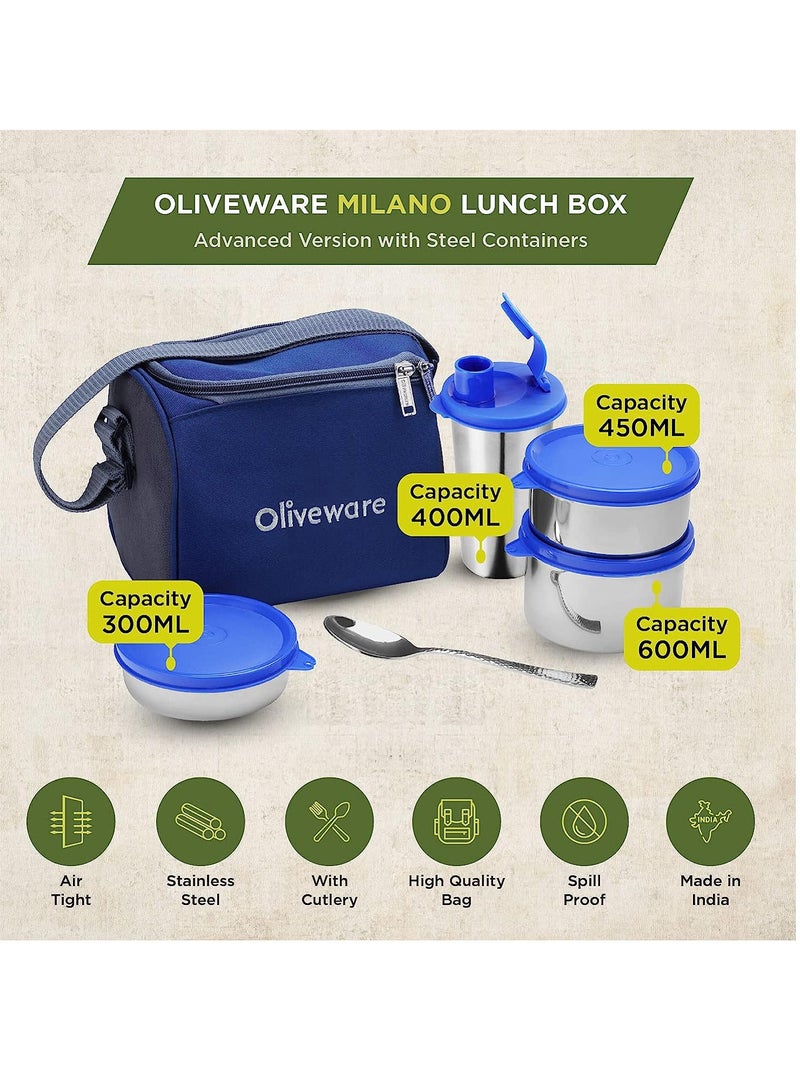 Milano Lunch Box | 3 Stainless Steel Containers and Sipper | with Steel Spoon | School, College & Office | Insulated Fabric Bag | Leak Proof | Full Meal & Easy to Carry (Blue)