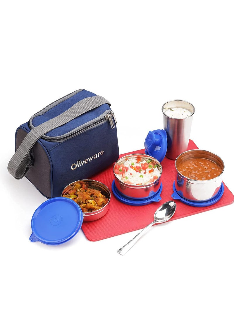 Milano Lunch Box | 3 Stainless Steel Containers and Sipper | with Steel Spoon | School, College & Office | Insulated Fabric Bag | Leak Proof | Full Meal & Easy to Carry (Blue)