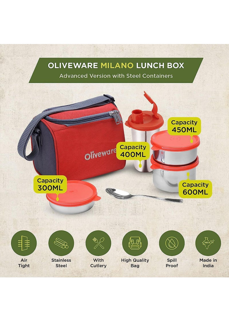 Milano Lunch Box | 3 Stainless Steel Containers and Sipper | with Steel Spoon | School, College & Office | Insulated Fabric Bag | Leak Proof | Full Meal & Easy to Carry (Red)