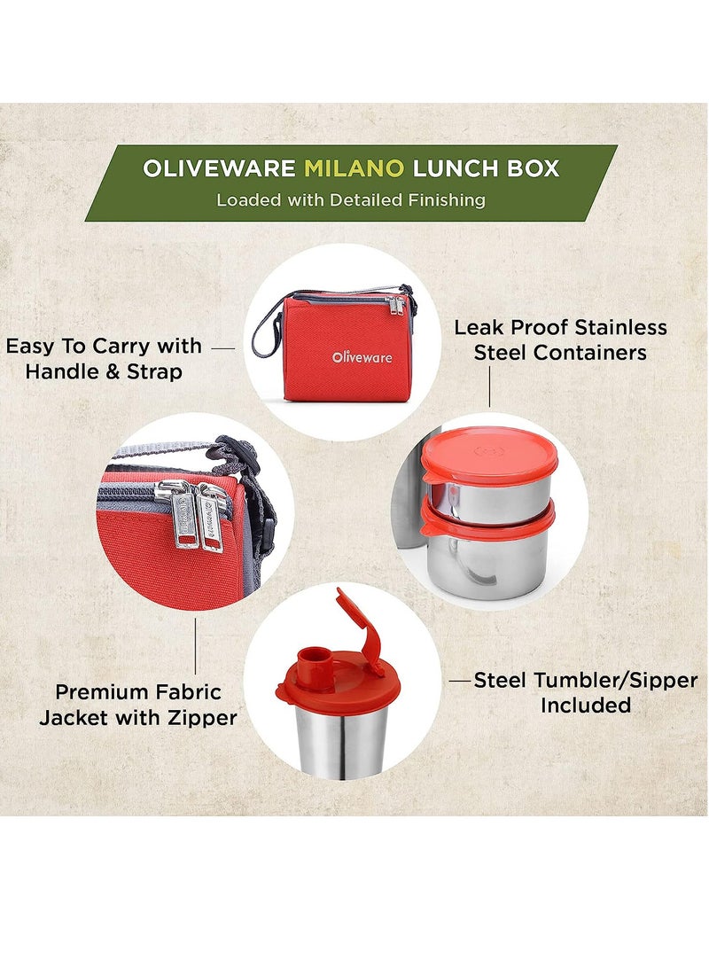 Milano Lunch Box | 3 Stainless Steel Containers and Sipper | with Steel Spoon | School, College & Office | Insulated Fabric Bag | Leak Proof | Full Meal & Easy to Carry (Red)