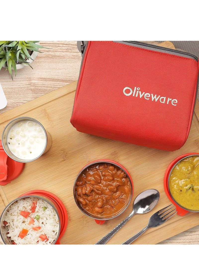 Milano Lunch Box | 3 Stainless Steel Containers and Sipper | with Steel Spoon | School, College & Office | Insulated Fabric Bag | Leak Proof | Full Meal & Easy to Carry (Red)