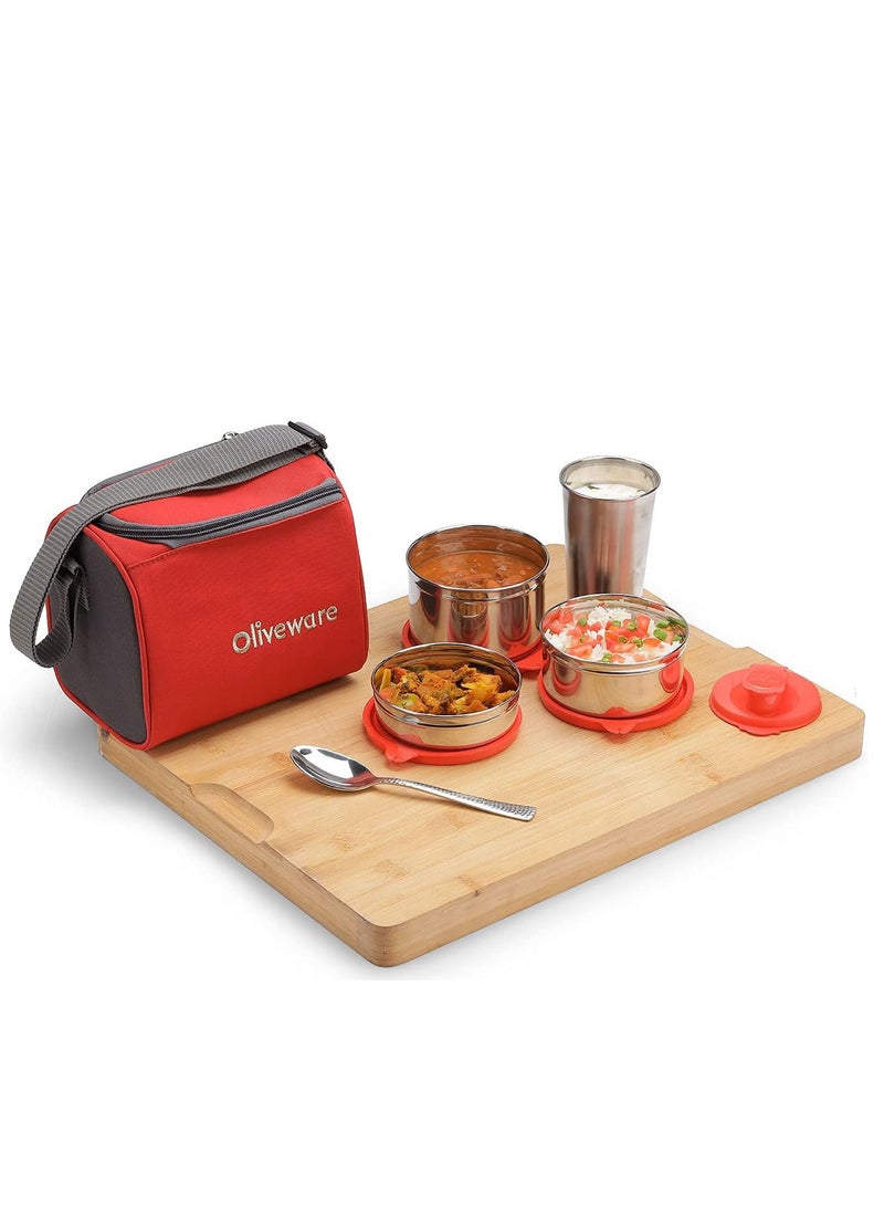 Milano Lunch Box | 3 Stainless Steel Containers and Sipper | with Steel Spoon | School, College & Office | Insulated Fabric Bag | Leak Proof | Full Meal & Easy to Carry (Red)