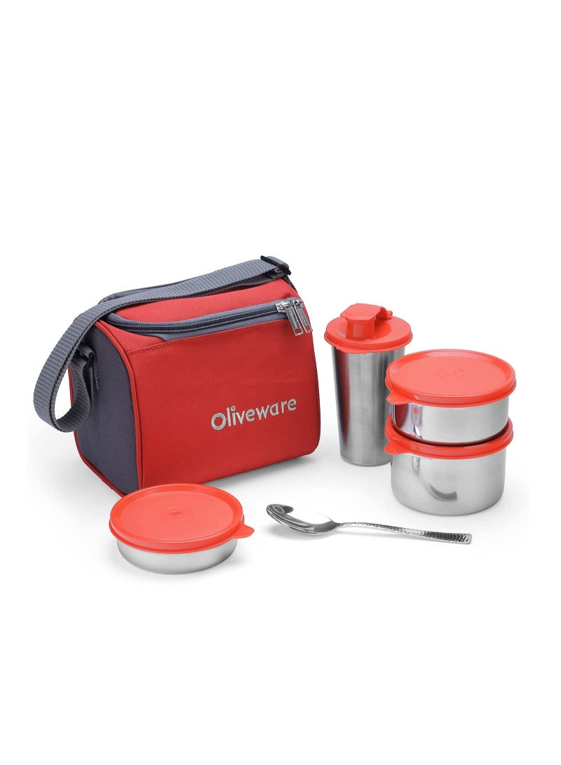 Milano Lunch Box | 3 Stainless Steel Containers and Sipper | with Steel Spoon | School, College & Office | Insulated Fabric Bag | Leak Proof | Full Meal & Easy to Carry (Red)