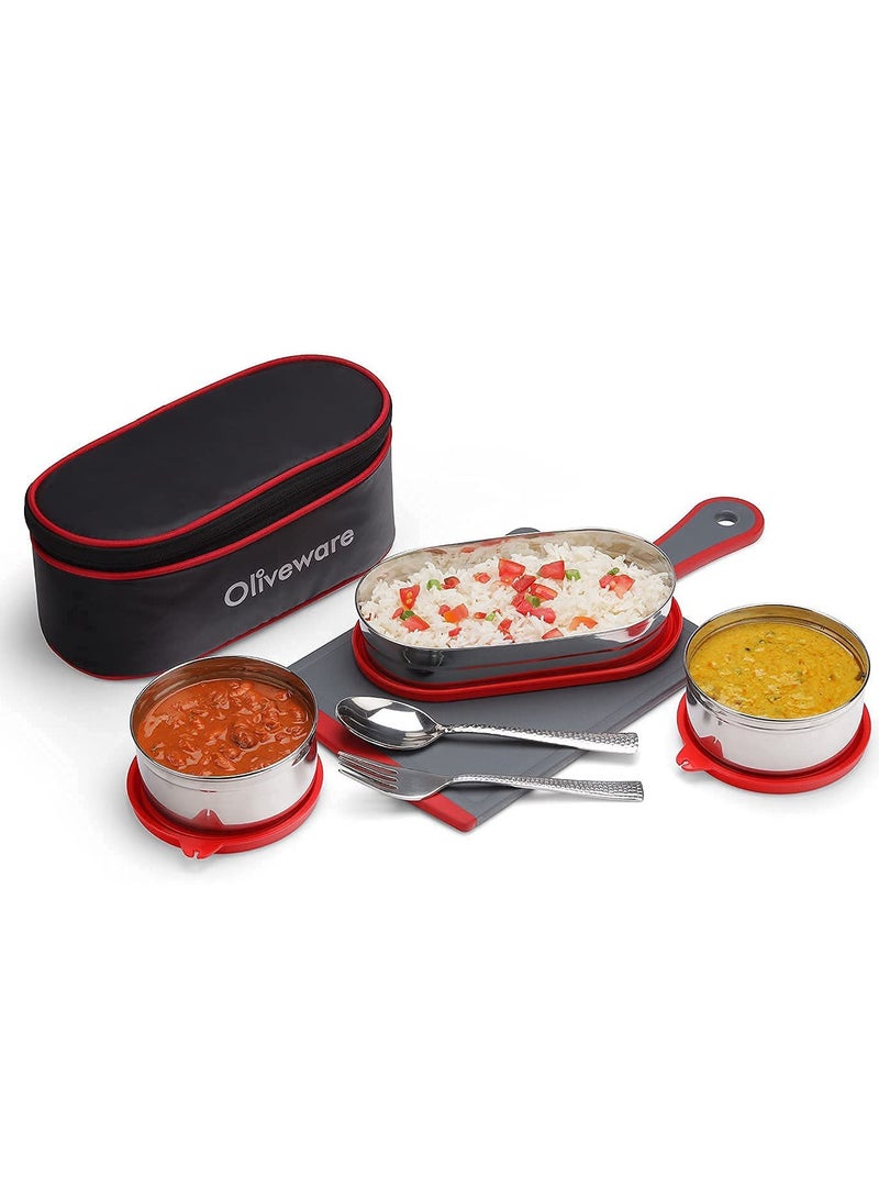 Sophia Lunch Box | 3 Containers with Steel Spoon & Fork| School & Office Use | Insulated Fabric Bag | Leak Proof (Red)