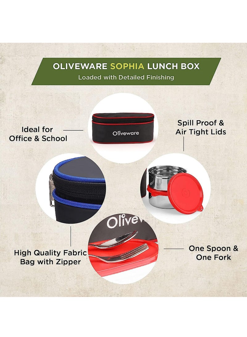 Sophia Lunch Box | 3 Containers with Steel Spoon & Fork| School & Office Use | Insulated Fabric Bag | Leak Proof (Red)