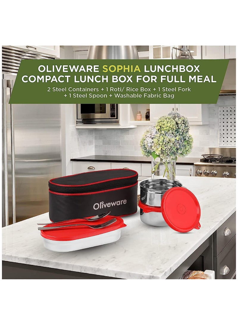 Sophia Lunch Box | 3 Containers with Steel Spoon & Fork| School & Office Use | Insulated Fabric Bag | Leak Proof (Red)