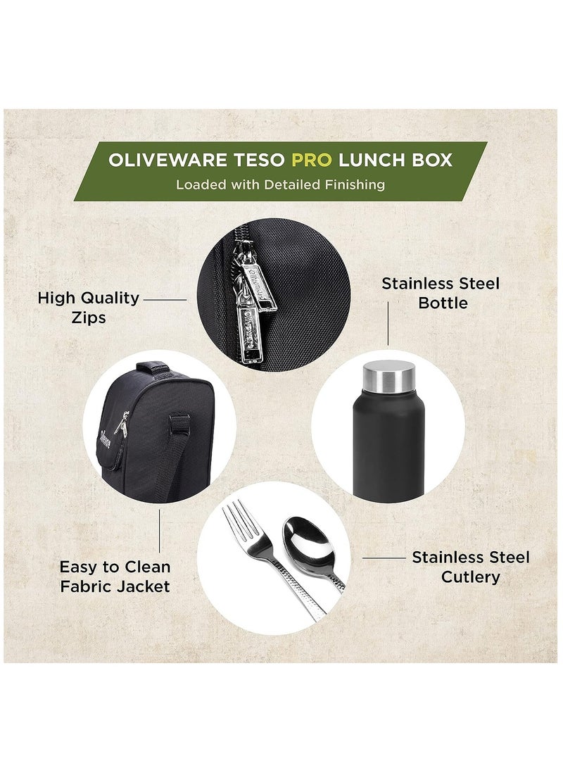 SOPL OLIVEWARE Teso Pro Lunch Box | 3 Stainless Steel Containers | Plastic Pickle Box | Steel Spoon & Fork | Insulated Fabric Bag | Leak Proof | Microwave Safe | Full Meal | Easy to Carry (Black)