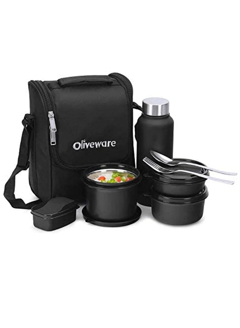 SOPL OLIVEWARE Teso Pro Lunch Box | 3 Stainless Steel Containers | Plastic Pickle Box | Steel Spoon & Fork | Insulated Fabric Bag | Leak Proof | Microwave Safe | Full Meal | Easy to Carry (Black)