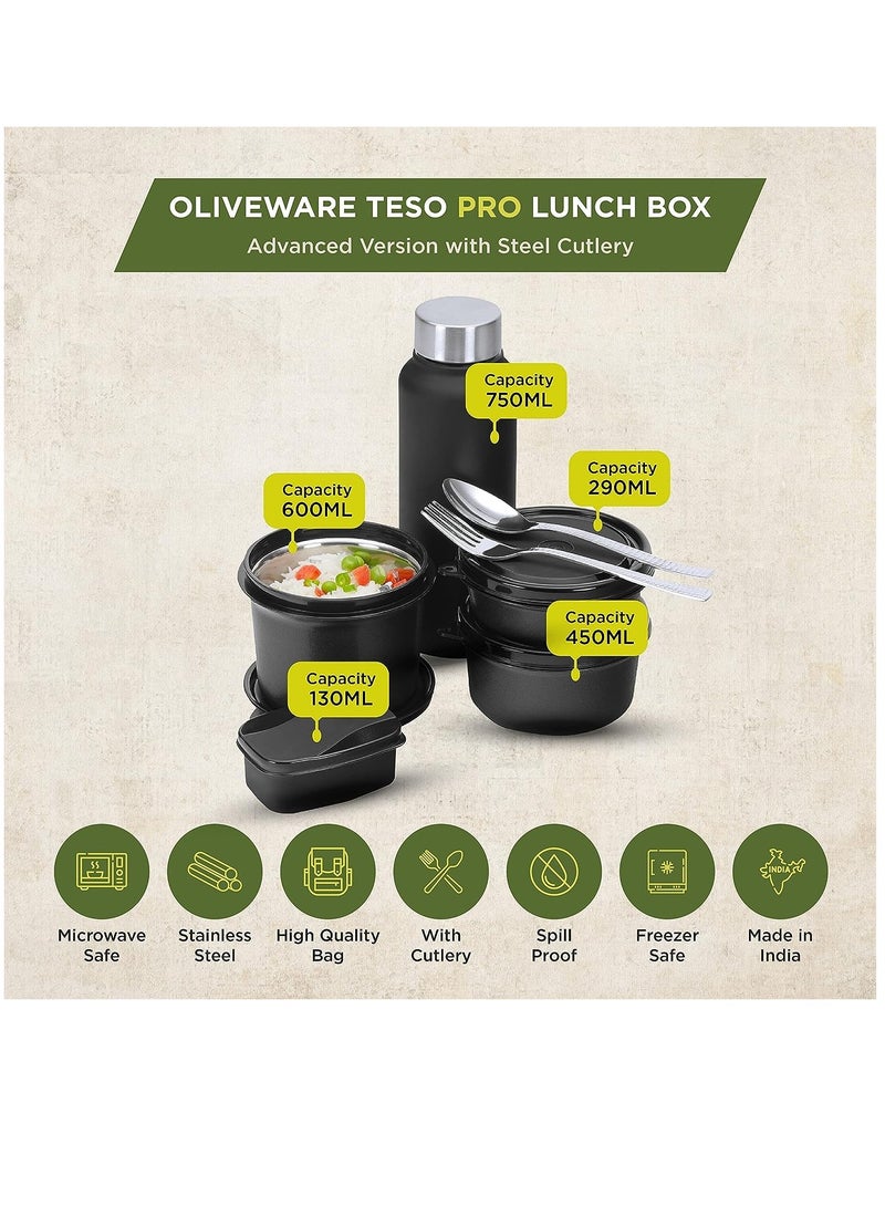 SOPL OLIVEWARE Teso Pro Lunch Box | 3 Stainless Steel Containers | Plastic Pickle Box | Steel Spoon & Fork | Insulated Fabric Bag | Leak Proof | Microwave Safe | Full Meal | Easy to Carry (Black)