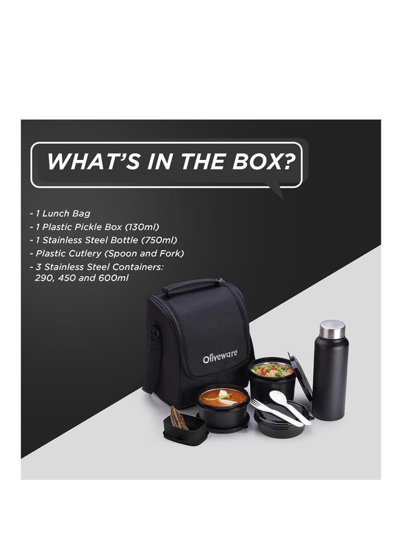 Teso Lunch Box with Bottle - Black | 3 Stainless Steel Containers and Pickle Box and Assorted Steel Bottle | Insulated Fabric Bag | Leak Proof Microwave Safe | Full Meal and Easy to Carry