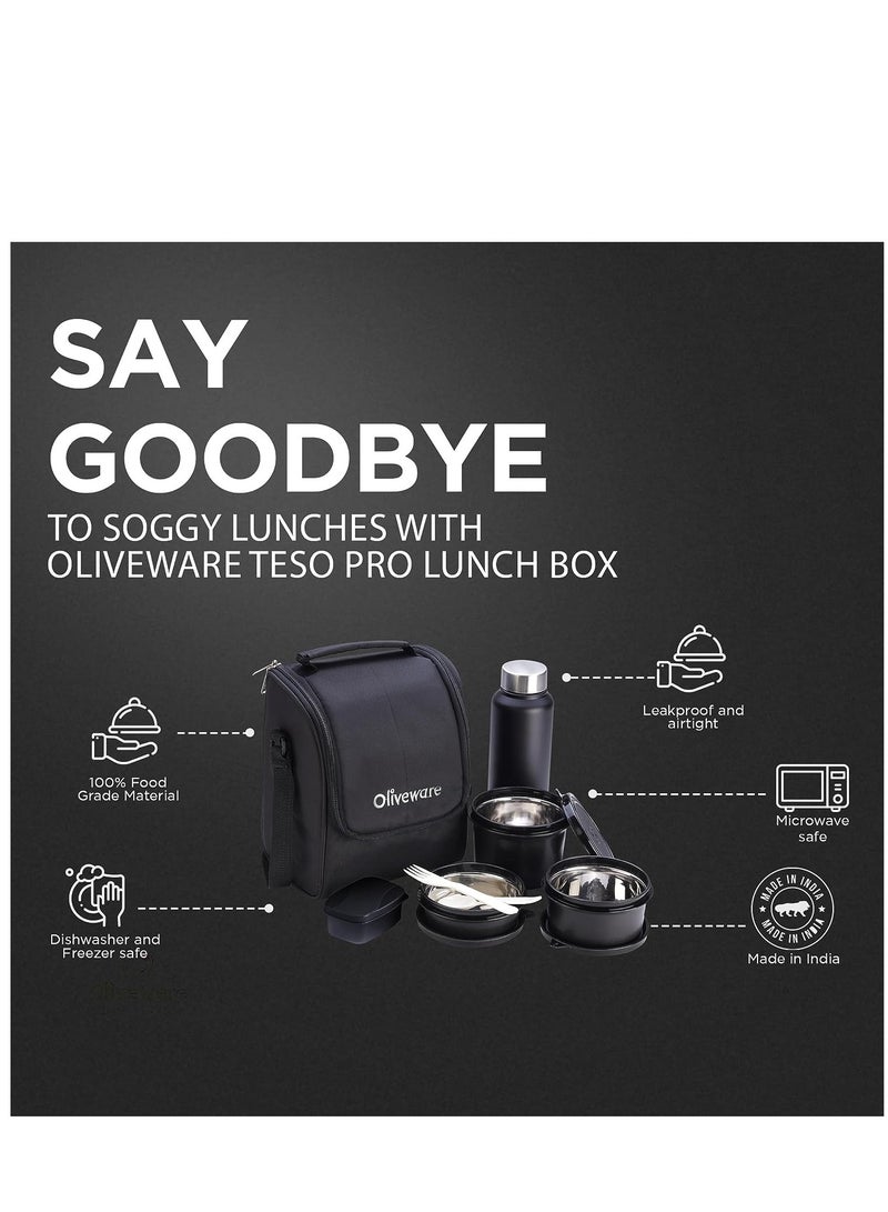 Teso Lunch Box with Bottle - Black | 3 Stainless Steel Containers and Pickle Box and Assorted Steel Bottle | Insulated Fabric Bag | Leak Proof Microwave Safe | Full Meal and Easy to Carry