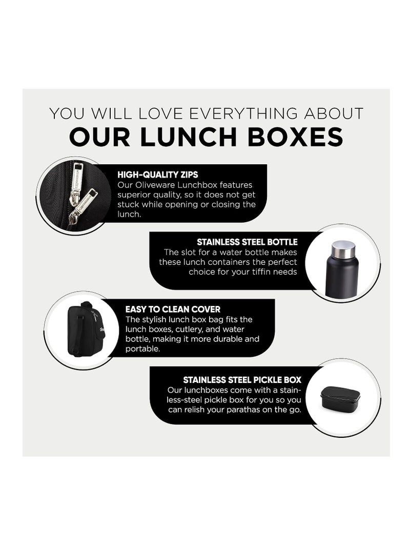 Teso Lunch Box with Bottle - Black | 3 Stainless Steel Containers and Pickle Box and Assorted Steel Bottle | Insulated Fabric Bag | Leak Proof Microwave Safe | Full Meal and Easy to Carry