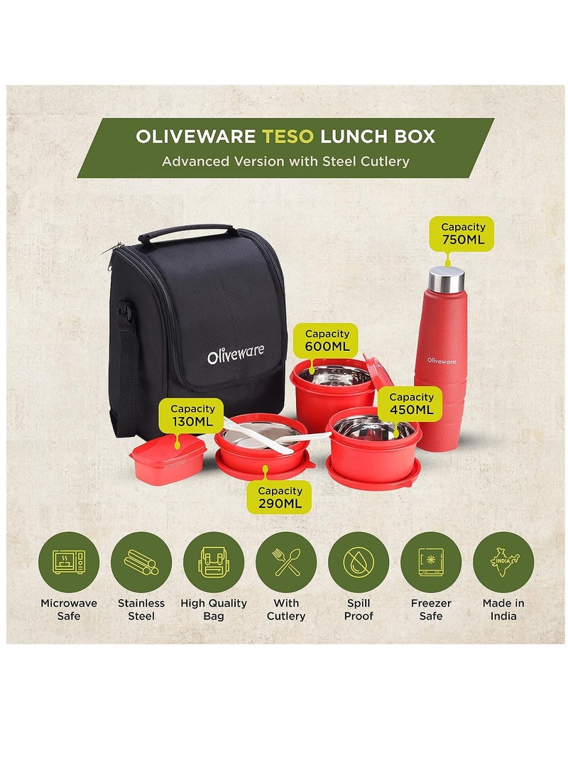 Teso Lunch Box with Plastic Cutlery, 3 Microwave Safe Inner Steel Containers with BPA free Airtight Lids(290ml, 450ml & 600ml), Plastic Pickle Box (130ml), Steel Water Bottle(750ml) -