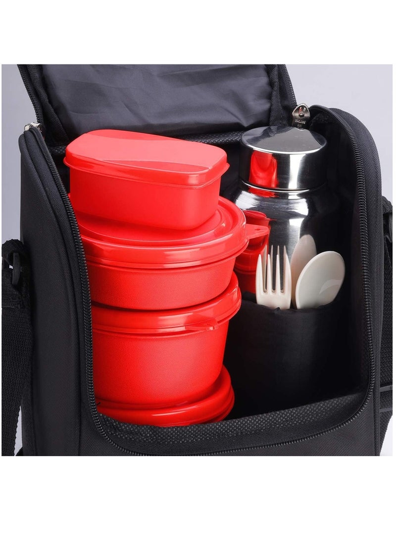 Teso Lunch Box with Plastic Cutlery, 3 Microwave Safe Inner Steel Containers with BPA free Airtight Lids(290ml, 450ml & 600ml), Plastic Pickle Box (130ml), Steel Water Bottle(750ml) -