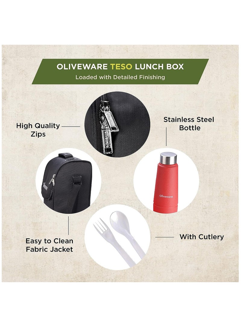 Teso Lunch Box with Plastic Cutlery, 3 Microwave Safe Inner Steel Containers with BPA free Airtight Lids(290ml, 450ml & 600ml), Plastic Pickle Box (130ml), Steel Water Bottle(750ml) -