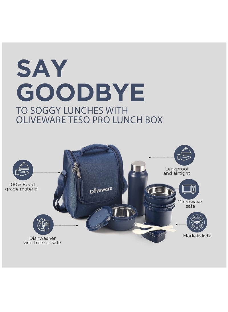 Teso Lunch Box | 3 Stainless Steel Containers | Plastic Pickle Box | Plastic Spoon & Fork | Insulated Fabric Bag | Leak Proof | Microwave Safe | Full Meal | Easy to Carry (Blue)