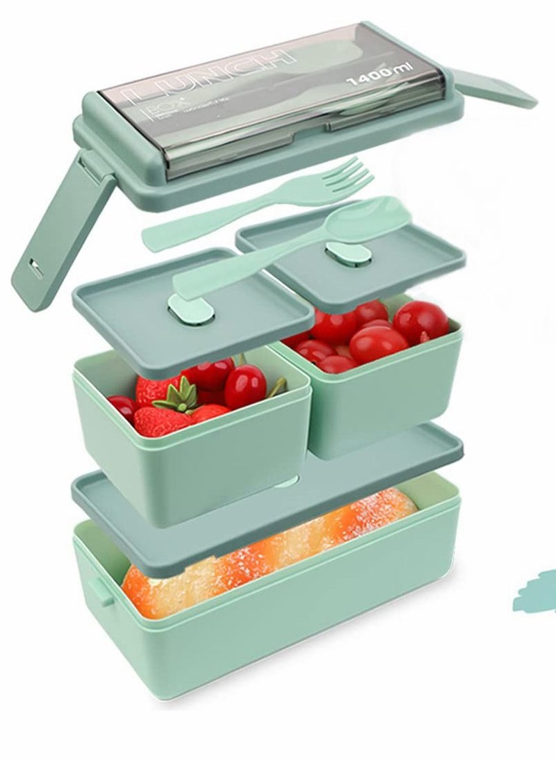 Lunch Box, Double Stackable Bento Box 1400 ML Container Meal Prep Containe With Cutlery, 2 Tier and 3 Compartment Design Food Containers for Snacks,Lunch Adults kids