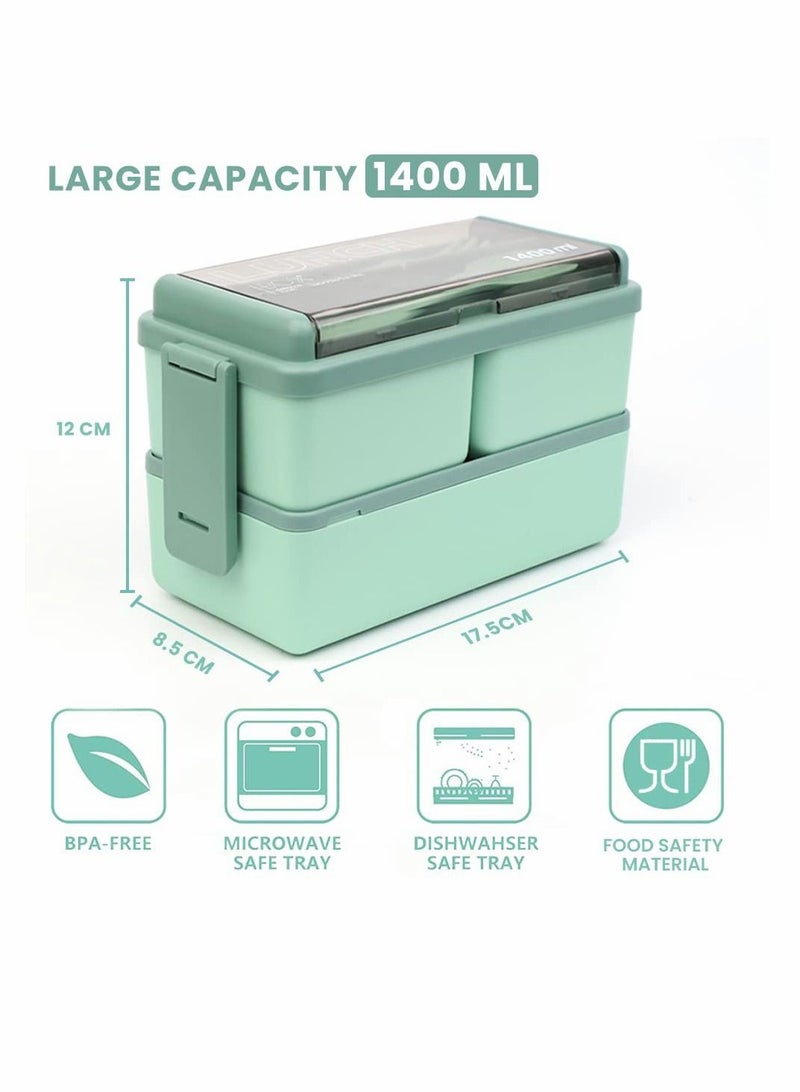 Lunch Box, Double Stackable Bento Box 1400 ML Container Meal Prep Containe With Cutlery, 2 Tier and 3 Compartment Design Food Containers for Snacks,Lunch Adults kids