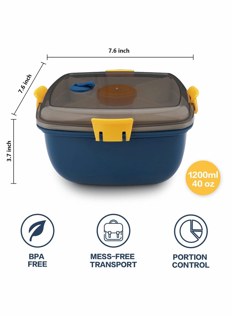 Salad Lunch Box Container, Double Layer Bento with Cutlery and Sauce 40 oz Bowl 5 Compartment Style Tray Leak Proof for Food Snack Home Office (Blue)